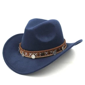 Navy, Blue Western Cowgirl Cowboy Hat Men Women – Tribal Band Felt Wide Brim - Picture 1 of 3
