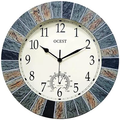 	OCEST 13 Inch Outdoor Indoor Waterproof Wall Clock With Thermometer Brown	 - Image 1 of 4