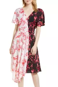 Lewit 155967 Women's Double Print Floral V-Neck Silk Short Sleeve Dress Sz. 8 - Picture 1 of 3