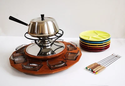 FONDUESET KOMPLETT TEAKrad Vintage Mid Century DESIGN 1960s SPRING Switzerland - Bild 1 von 4