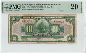 HAITI 10 Gourdes 1919 (1950), P-173a, PMG 20 VF Very Fine, POP TOP POP 1/0 Rare - Picture 1 of 2