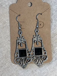 Orecchini vintage pendenti onice strass traforati - Foto 1 di 4