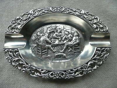 Antiguo cenicero holandés/holandés de plata maciza. 835, en relieve, escena de taberna, con sello. Foto 1 de 4