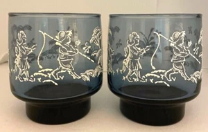 Libbey Smoke Grey White Frosted Boy & Girl Fishing Mary Gregory Glasses Vintage - Picture 1 of 10
