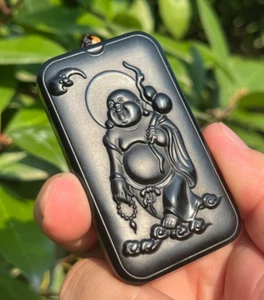 CERTIFIED 80g 100% NATURAL XIN JIANG HOTAN BLACK JADE HAND CARVED BUDDHA PENDANT - Picture 1 of 24