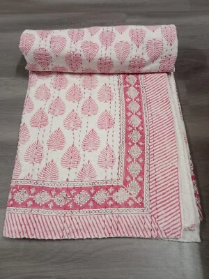 Indian Beautiful Leaf Handmade Block Print Kantha Quilt Pink Leaf Bedding Throw - Image 1 of 4