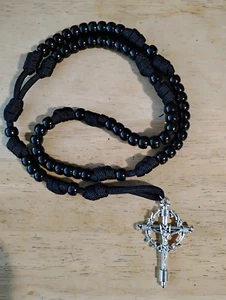 Black Paracord Rosary Beads 2" Silver Crown of Thorns Nail Crucifix Handmade - Picture 1 of 3