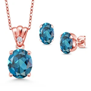 18K Rose Gold Plated Silver London Blue Topaz and Zirconia Pendant and Earrings - Picture 1 of 3