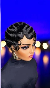 Peluca Pixie Onda De Dedo - 100% Cabello Humano -1B NEGRA Estilo Retro Aleta Años 20 Años 30 - Imagen 1 de 13