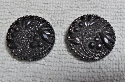 2 Vintage Antique Black Facet Glass Picture Buttons FANCY FLOWER DESIGN - Image 1 of 4