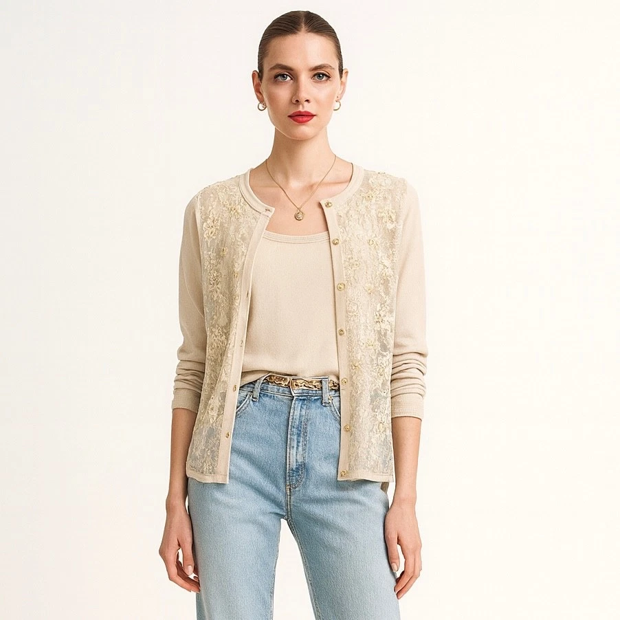 Винтажный кардиган и майка Y2K Victor Costa Twinset XS бежевый прозрачный кружевной с бисером - Изображение 1 из 4