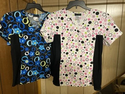 Set of 2 Cherokee Scrub Tops Medium 1-Blue/Black Flower1 Pink black green circle - Image 1 of 4