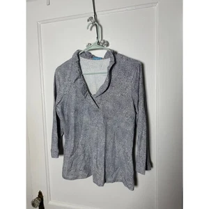 J. McLaughlin dunkelblau weiß gesprenkelt Rüschen Ausschnitt Catalina Stoff Bluse Top MED - Bild 1 von 8