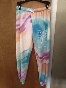 Justice Girls Pink Orange Green Tie Dye Sweatpants Logo Drawstring Large 12-14 - Picture 1 of 7