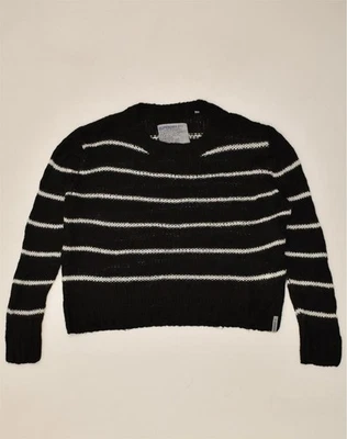 SUPERDRY Womens Crop Crew Neck Jumper Sweater UK 14 Medium Black Striped OF01 - Image 1 of 3