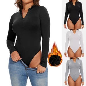 Women Fleece Bodysuit Shirts Long Sleeve Mock Turtle Neck Zip Up Jumpsuit Tops - Picture 1 of 15