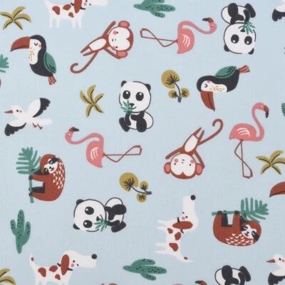 Baumwollstoff MATAHI Tiere Kaktus Blätter hellblau bunt 1,5m Breite - Bild 1 von 4