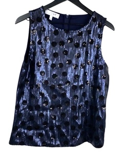 RSVP by Talbots Sequined Polka Dot Sleeveless Blouse Top Blue/Black Women's Sz M - Picture 1 of 8