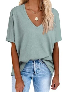 EVALESS Womens Summer Plus Size V Neck Tops Short Sleeve Waffle Knit Shirts - Picture 1 of 9