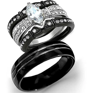 Nuevo 4 PC su tungsteno su anillo de compromiso de acero inoxidable negro conjunto de banda - Imagen 1 de 6