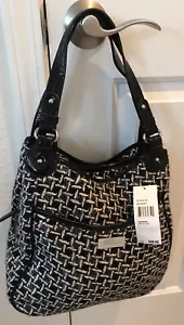 Nine & Co. Women's Black White Woven Wool/Patent Double Strap Shoulder Bag - Picture 1 of 7