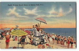 Escena de playa de la Octava Avenida en Asbury Park, Nueva Jersey - Postal de lino de los años 40 - Imagen 1 de 2