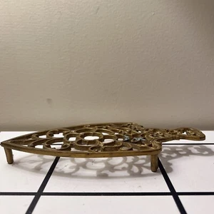 Antique English Brass Trivet Open Fret Work Footed Iron Shape 8” - Picture 1 of 8