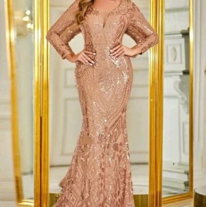 Apricot Random Print, V Neck, Long Sleeve, Sequined Mermaid Maxi Gown - Picture 1 of 7