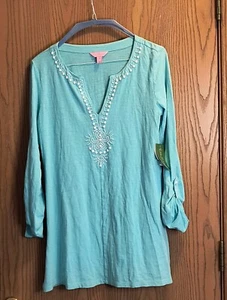Lilly Pulitzer Shirt Women's Small Shorely Blue Long Sleeve Beading Elaina Tunic - Picture 1 of 10
