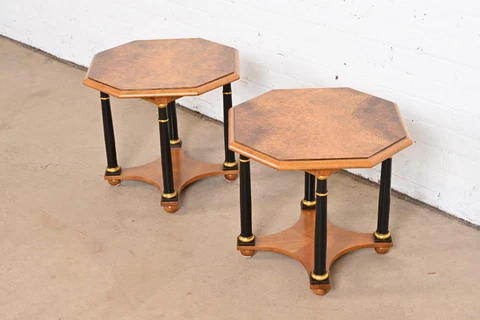 Baker Furniture Neoclassical Burled Walnut Tea Tables, Pair Cover