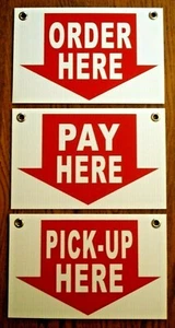ORDER HERE, PAY HERE & PICK-UP HERE Plastic Coroplast SIGNS 8X12 w/Grommets - Picture 1 of 1