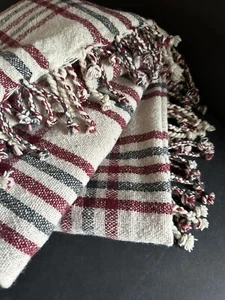 Indaba Plaid Wool Blend Throw Blanket 74”x 51” Fringed Beige Burgundy Black - Picture 1 of 12