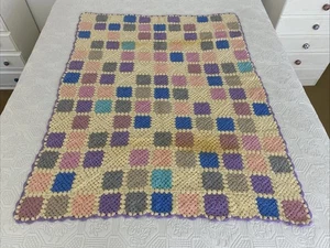 Handmade Crochet Pastel Granny Squares Wool Throw Rug Blanket 130x100cm Faults - Picture 1 of 16