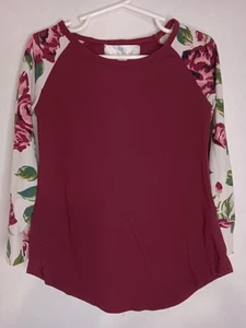 Peyton Bre Girl's Long Sleeve Shirt Maroon Floral Sleeves Size 6 - Picture 1 of 7