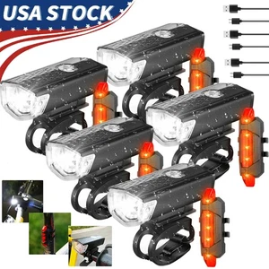 USB Rechargeable LED Bicycle Headlight Bike Front Rear Light Cycling Lamp Set - Picture 1 of 14