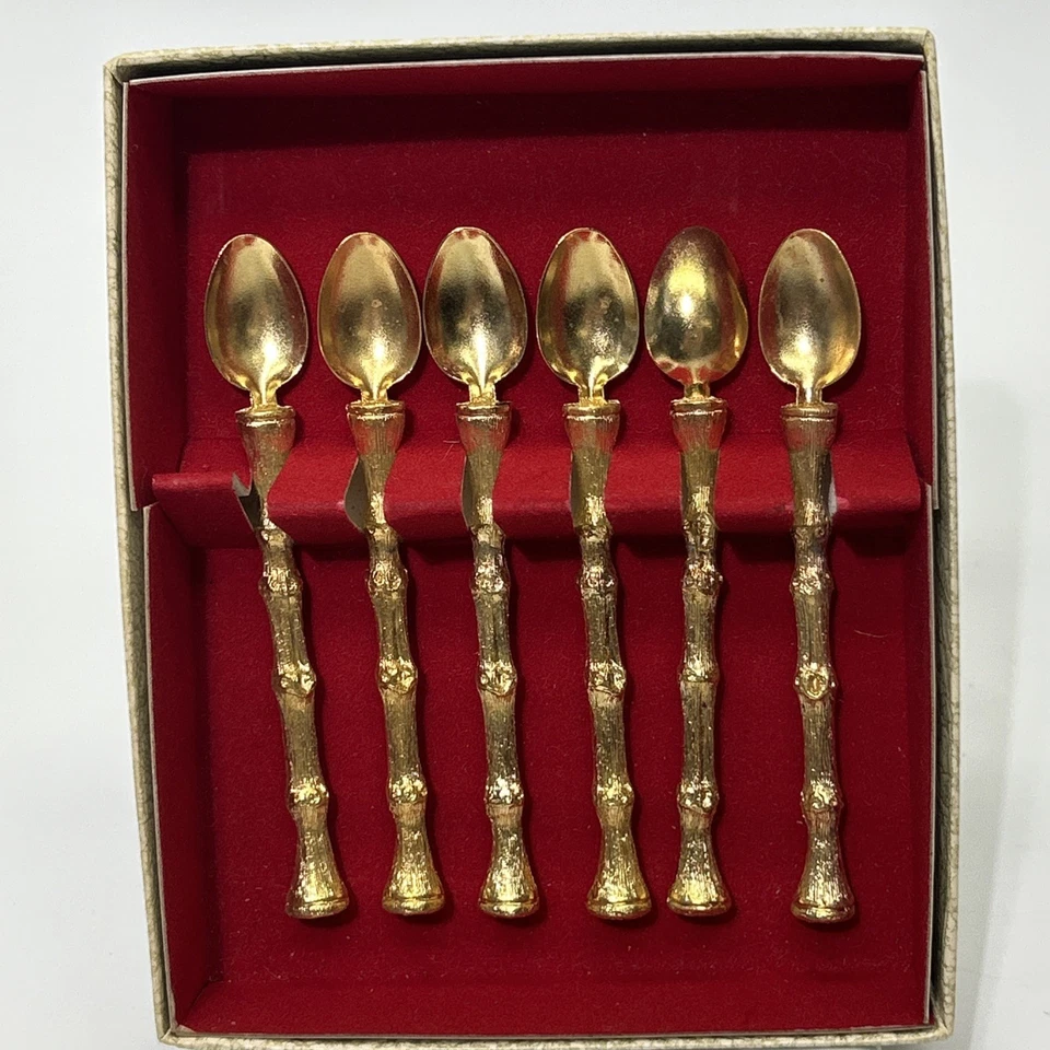24-kt. Mini colheres folheadas a ouro - Conjunto de alças padrão bambu 6 modernas meados do século - Imagem 1 de 4