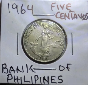 1964 Philippine twenty five centavos coin brass-nickel 19.9mm - Picture 1 of 3