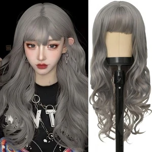 Grey Long Curly Wavy Wigs for Women with Bangs Natural Wave Dark Gray Hair Wi... - Picture 1 of 8