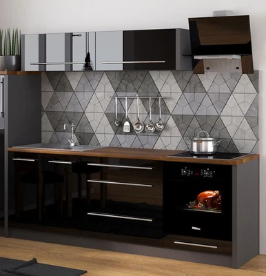 Küchenzeile PLATINUM Singleküche 220cm lava Fronten schwarz Hochglanz Teilauszug - Bild 1 von 4