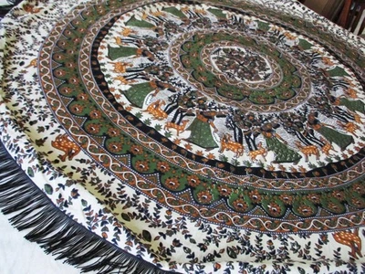 Large Meditation Floor Pillow Cover 47" Round Cotton Green Floral Ladies & Deer - Image 1 of 4