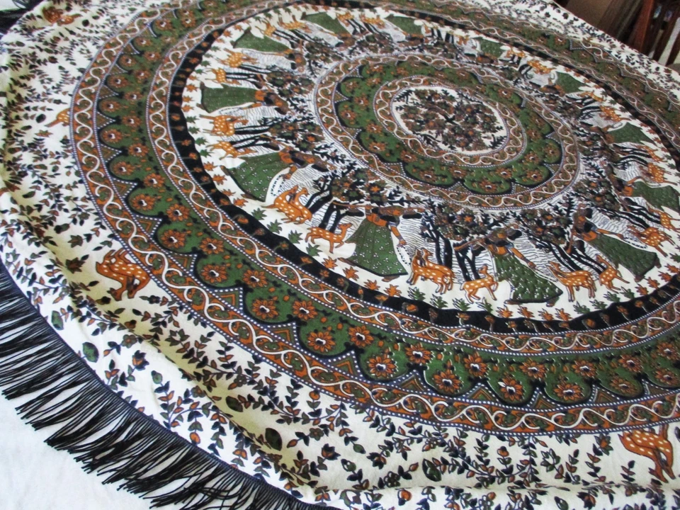 Large Meditation Floor Pillow Cover 47" Round Cotton Green Floral Ladies & Deer - Image 1 of 4