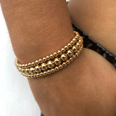 4 6 8MM Elastic Gold Filled Beaded Bracelet Women Stackable Gold Bead Bracelets - Image 1 of 4