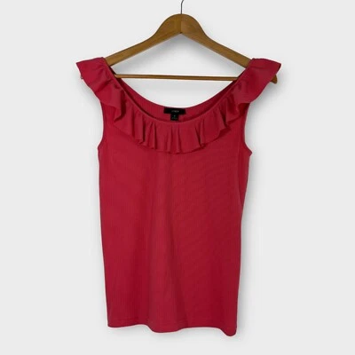 J. Camiseta sin mangas acanalada Crew para mujer talla pequeña rojo papaya brillante naranja con volantes Foto 1 de 4