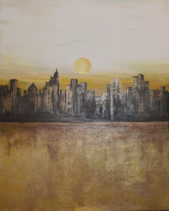 CITYSCAPE, THE GOLDEN HOUR- ORIGINAL 100% HAND PAINTED 16"x20" ABSTRACT PAINTING - Picture 1 of 3
