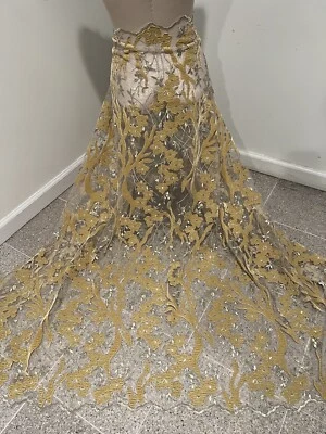"Tela de encaje bordada de terciopelo metálico dorado de 2 yardas de ancho de 50""" Foto 1 de 4