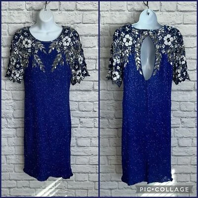 复古 80 年代 Stenay 蓝色亮片串珠 100% 真丝正式花式连衣裙 4 码 — 第 1/4 张图片