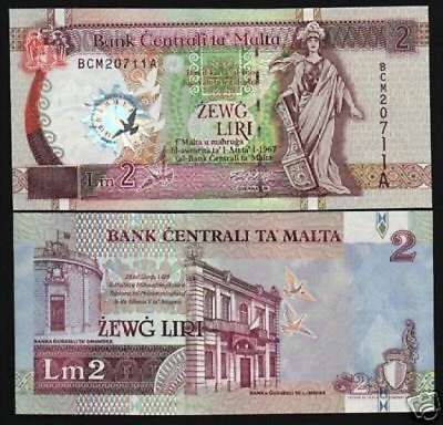 MALTA 2 LIRI-49 2000 COMMEMORATIVE CLOCK RUDDER PIGEON MILLENNIUM EU UNC NOTE - Image 1 of 3