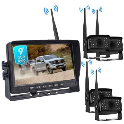 4*Backup Reverse Rear 1080P Camera+9''Quad Split Wireless Digital Monitor DVR - Image 1 of 4