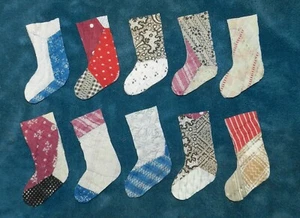 10 PRIMITIVE ANTIQUE CUTTER QUILT STOCKINGS! BLUE RED WHITE, BURGUNDY, ETC., - Picture 1 of 1