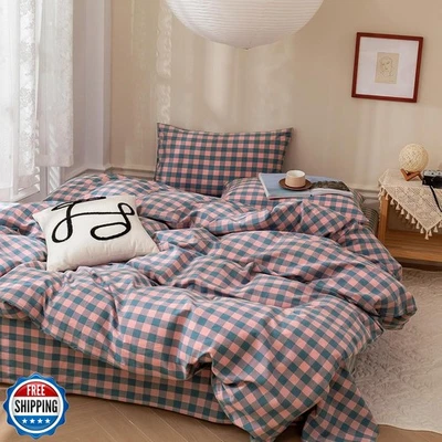 Juego de funda nórdica mixinni a cuadros Queen púrpura - algodón lavado suave geoma moderna Foto 1 de 4